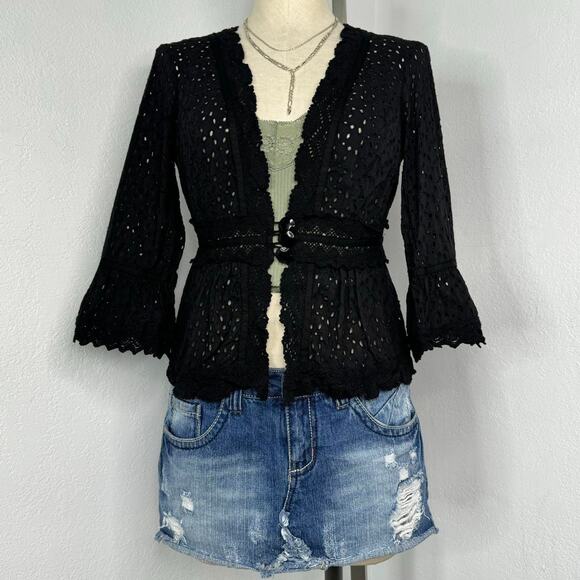 Vintage Cache Sheer Lace Cardigan Top Black Size 4 - Picture 1 of 7